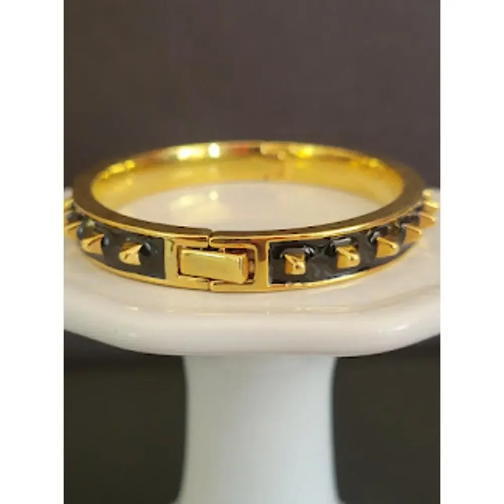 J. Crew Hinged Bangle Black Enamel Gold Plated with Small Spikes Strong Clasp - Picture 3 of 7